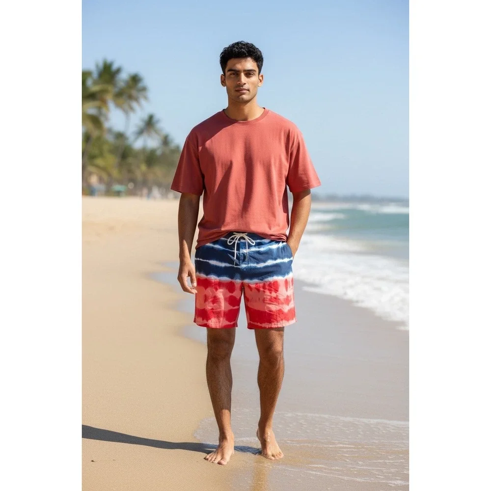 Mens Tie Dye Swim Trunks Navy Blue Red White Striped Board Shorts Beachwear